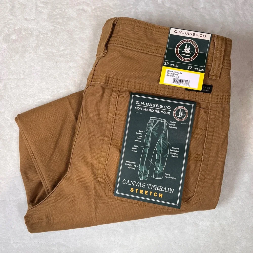 G.H. Bass Canvas Terrain Pants Mens 32x32 Dark Khaki Cargo Stretch Workwear NWT